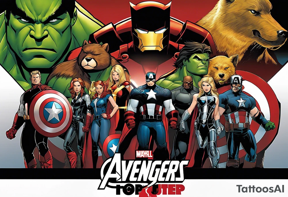 I want to change Avengers Team characters with animals. Hulk will be represented by a Badger.
Thor will be depicted as an Alpha Grey Wolf.
Captain America will be symbolized by a Bull.
Iron Man's character will be embodied by a Canary.
Black Widow's role will be portrayed by an Axolotl.
Hawkeye will be depicted as a Sudan Plated Lizard.
Nick Fury will be represented by a Cat. tattoo idea