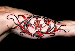 A tribal-inspired design featuring a red and white ball intertwined with the club’s initials "SK Slavia Praha". tattoo idea