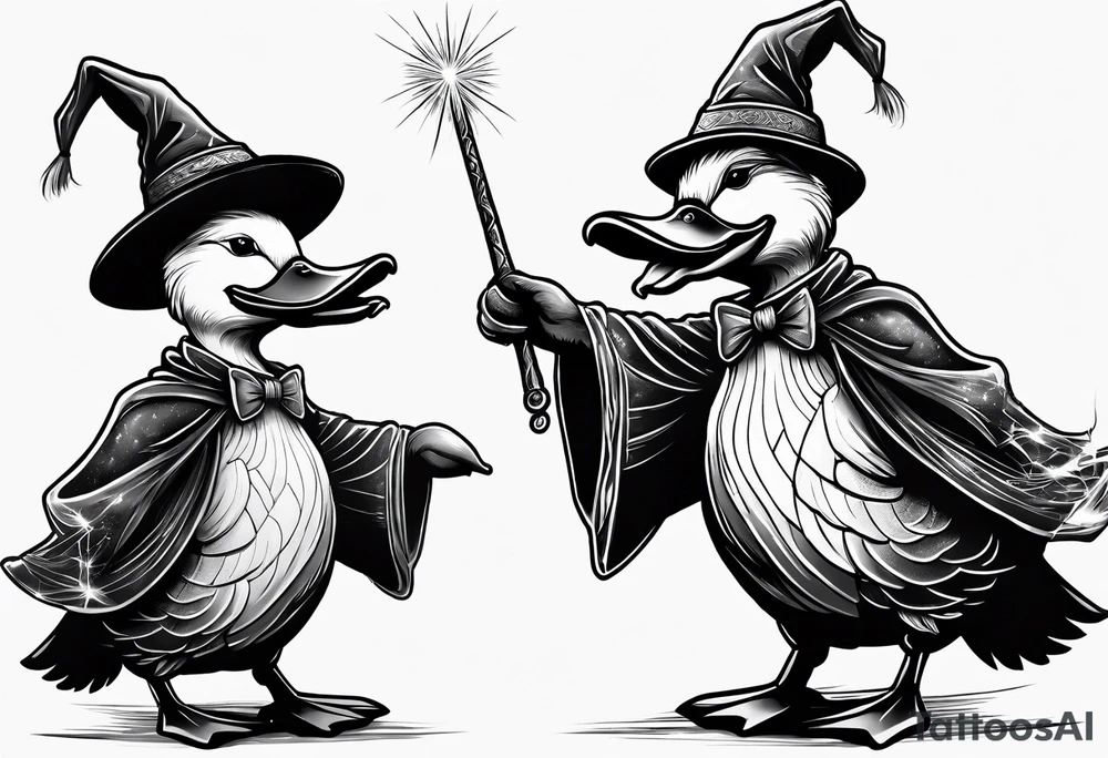 Dabbling Duck dressed like a wizard casting a spell with his wand tattoo idea Dabbling Duck dressed like a wizard casting a spell with his wand tattoo idea