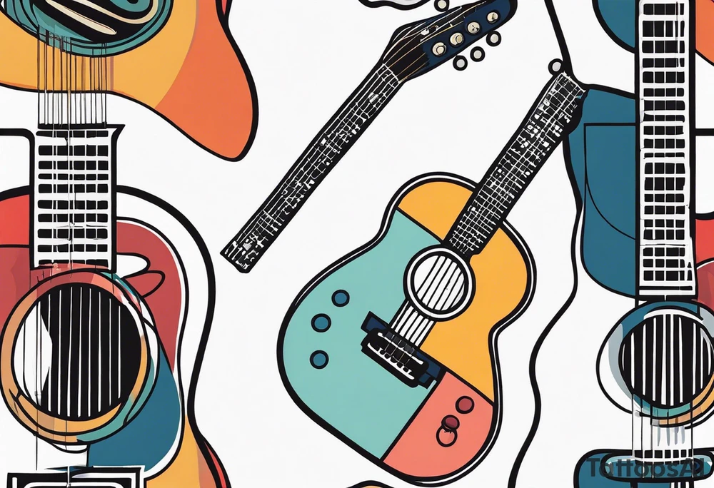 A minimalist guitar design, small in size, with clean lines and vintage detailing. The guitar represents a deep connection to music, with a classic, understated design that captures its essence without embellishments. tattoo idea