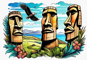 Four Easter island heads on an island landscape with hawks circling above tattoo idea