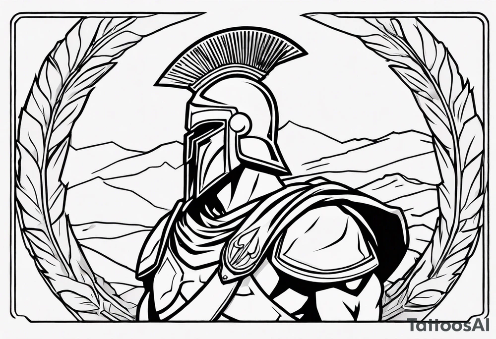 rectangular landscape format ultra-fine line linework vector of a spartan from the side, spartan spear, spartan shield, laurel wreath tattoo idea