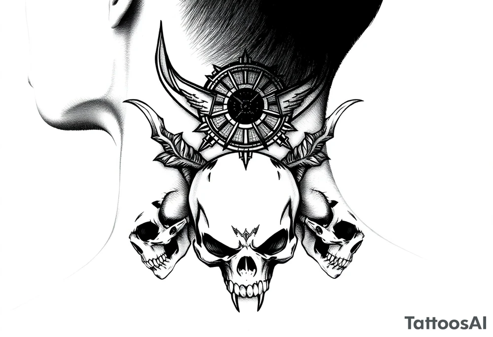 Tribal skulls of the devil with Japanese signs of the dead tattoo idea
