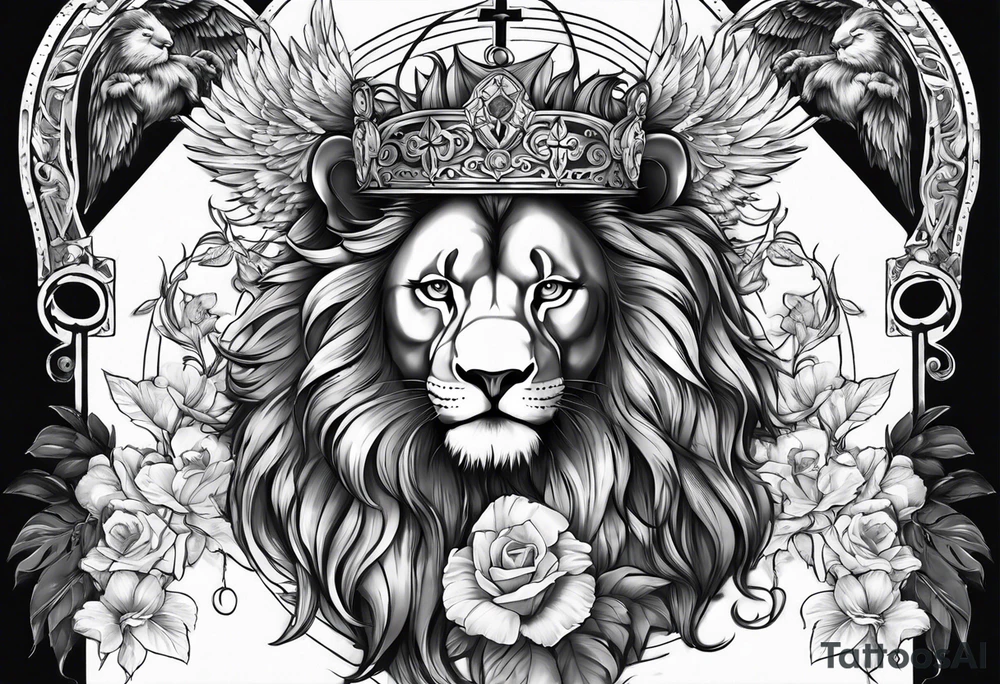 Full sleeve with Lion, cross, praying hands and angels. Incorporate the names Scarlett and Faith in the design tattoo idea