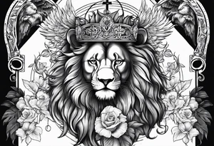 Full sleeve with Lion, cross, praying hands and angels. Incorporate the names Scarlett and Faith in the design tattoo idea