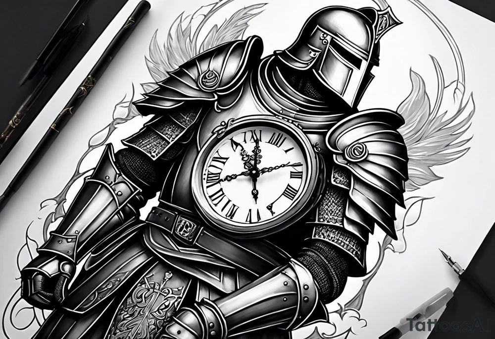 knight in heavy armor with clock tattoo idea