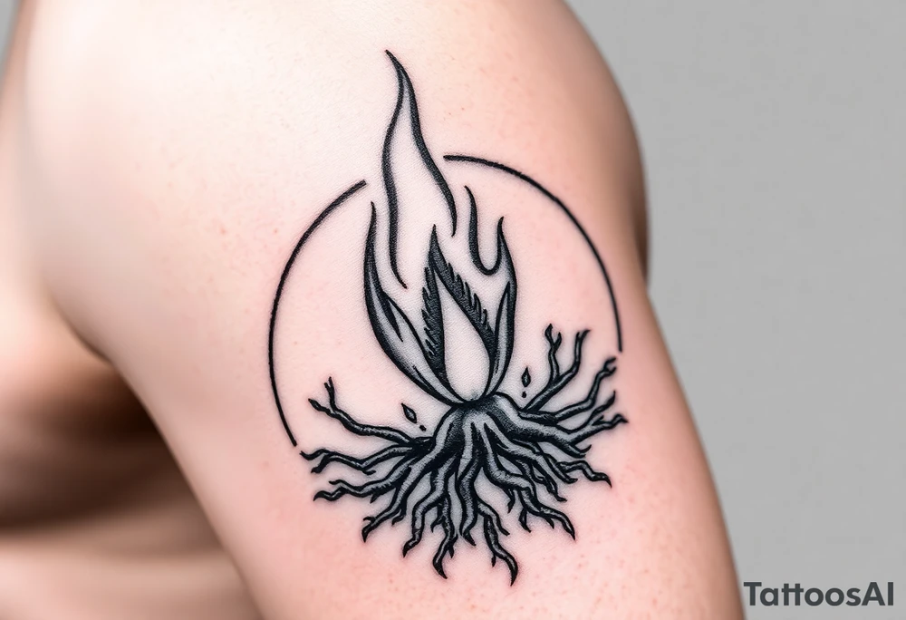 flame in a blooming roots circle tattoo idea