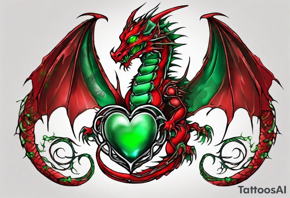 red dragon with green-stone heart tattoo idea