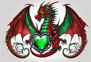 red dragon with green-stone heart tattoo idea