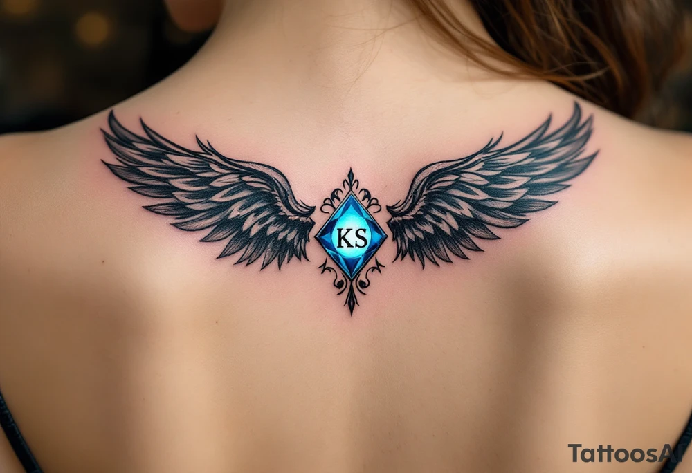 A pair of black ink wings cradling a small, glowing blue gem with the son’s initials KS inside. tattoo idea