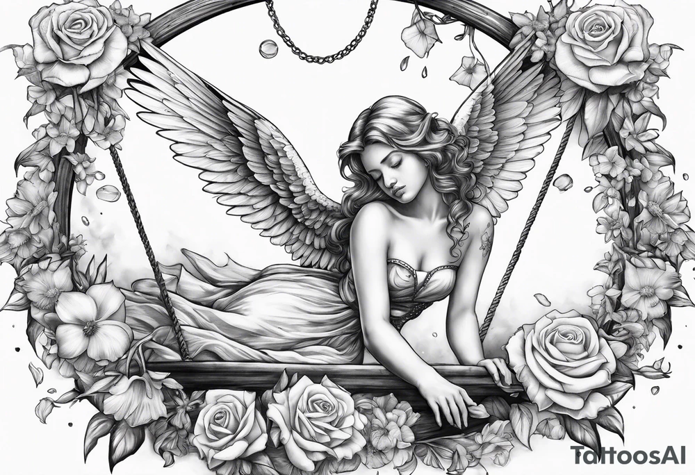 crying broken angel on swing add rose, lily daffodil, daisy, carnation narcissus around add hummingbird tattoo idea
