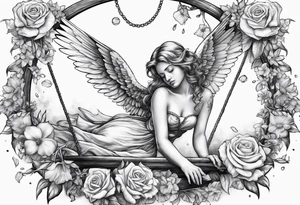 crying broken angel on swing add rose, lily daffodil, daisy, carnation narcissus around add hummingbird tattoo idea