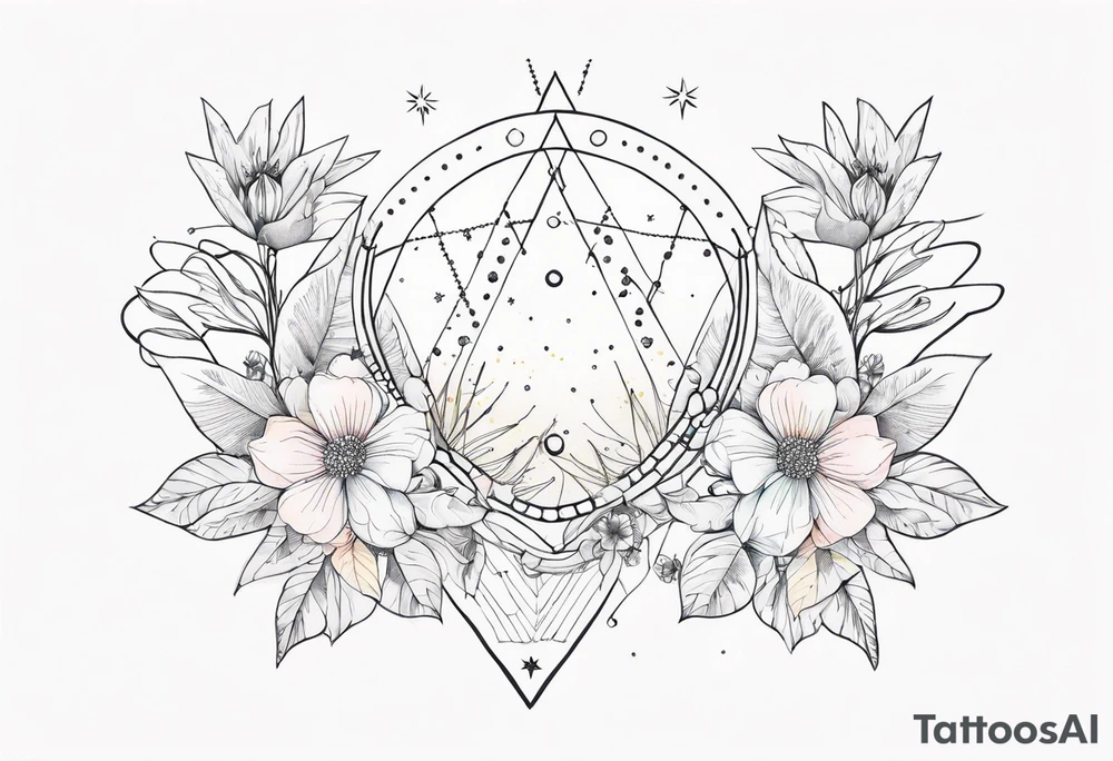 fine line with stars, floral, dots. Sternum tattoo tattoo idea