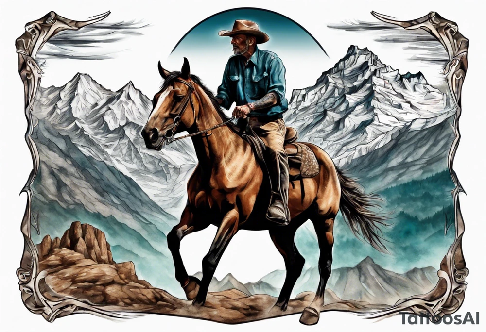 man on horse facing me, with mountain range behind him tattoo idea