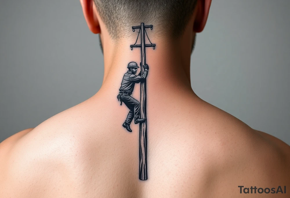realistic tattoo of a power lineman climbing a wooden pole that fits on the inside of the forearm tattoo idea
