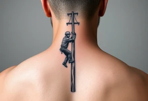 realistic tattoo of a power lineman climbing a wooden pole that fits on the inside of the forearm tattoo idea
