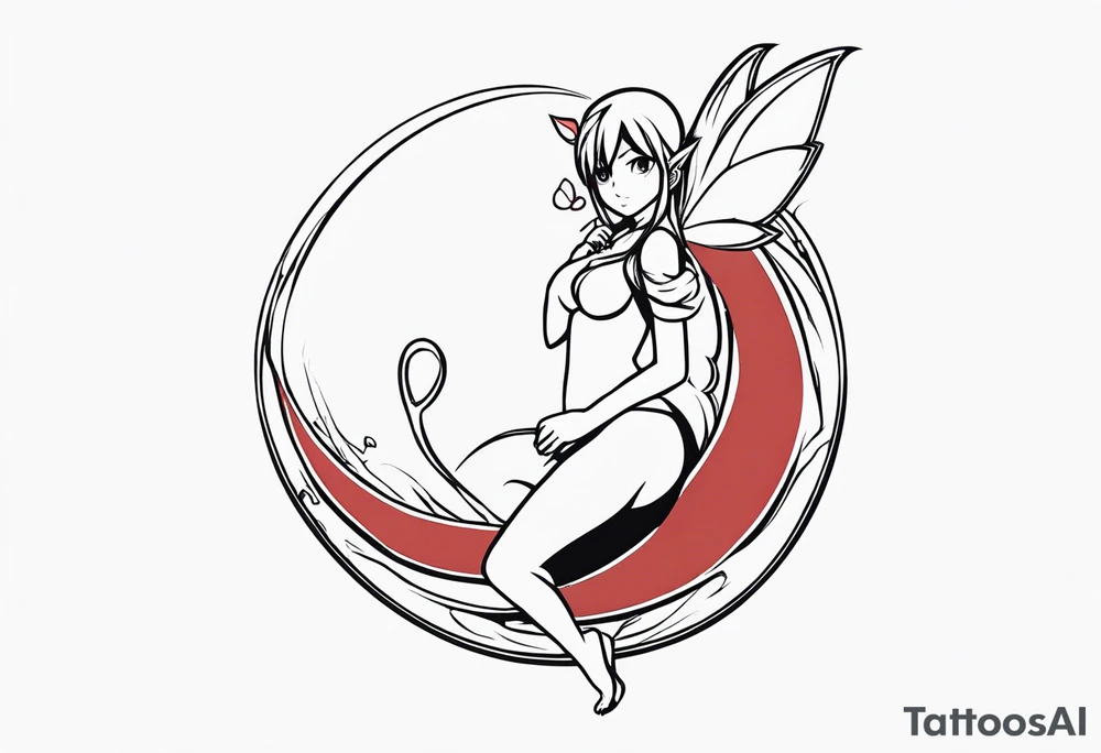 A fairy with a tail inspired by the logo of the anime show called Fairy Tail in a fetal position leaning in and forward while in the air floating tattoo idea