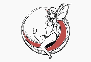 A fairy with a tail inspired by the logo of the anime show called Fairy Tail in a fetal position leaning in and forward while in the air floating tattoo idea