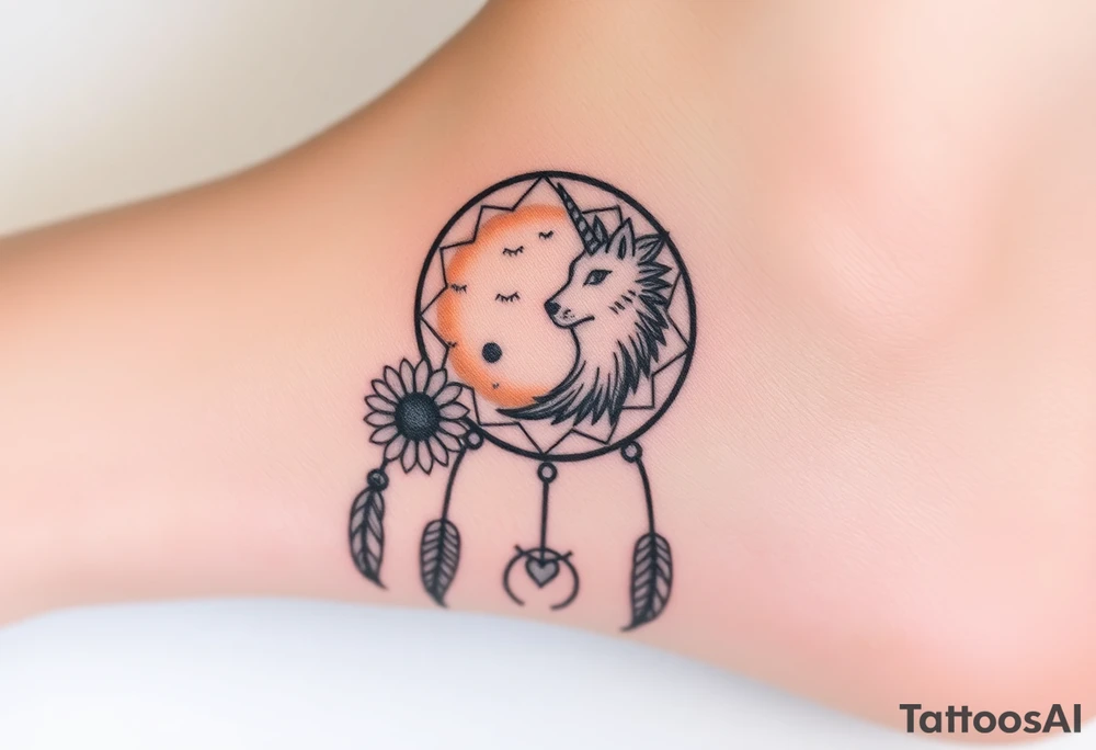 A Cresent moon dream catcher with sunflower, wolf, Harry potter, star wars, unicorn, fire heart all in one tattoo idea