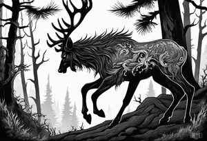 A spooky rotting bone lore accurate wendigo side profile surrounded by a forest fire in background tattoo idea