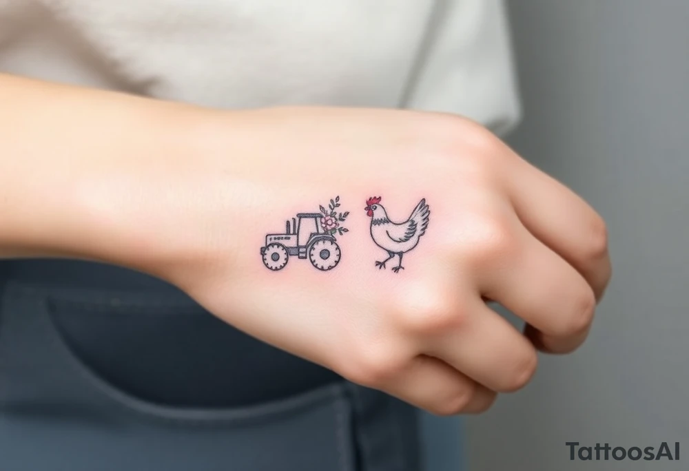 A bracelet that includes a very small tractor and bouquet flowers and a hen tattoo idea