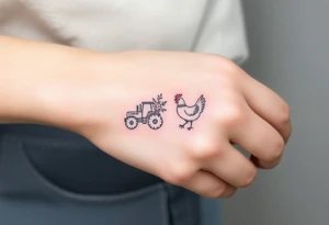 A bracelet that includes a very small tractor and bouquet flowers and a hen tattoo idea