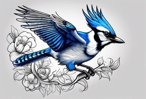 Strong blue jay bird in flight downwards tattoo idea