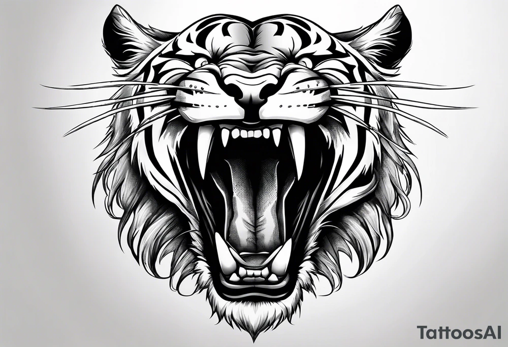 Sabertooth tiger with long fangs straight on view with fangs hanging down tattoo idea