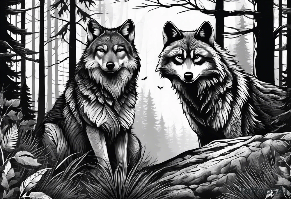 Ultra realistic Wolf and raccoon
Background Woods tattoo idea