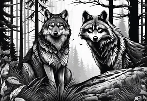 Ultra realistic Wolf and raccoon
Background Woods tattoo idea