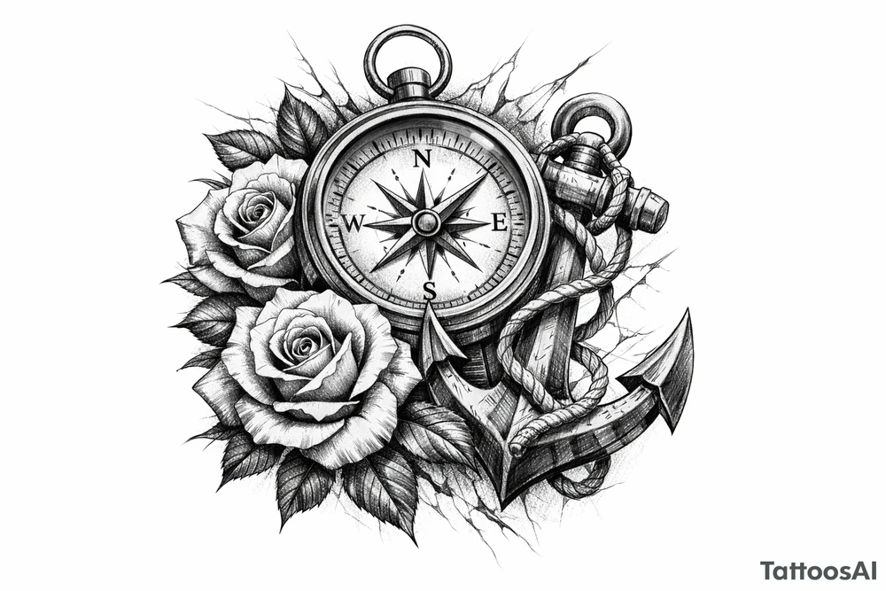 a compass,anchor,roses. tattoo idea