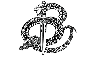 mystical snake coiled around an ancient dagger with jeweled hilt tattoo idea