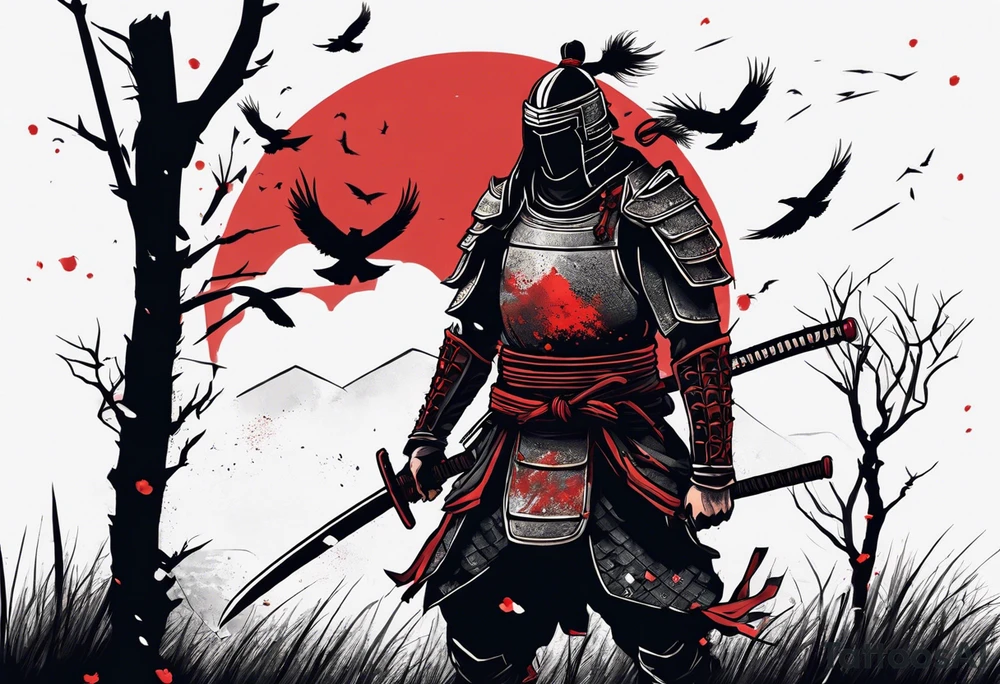A tired samurai wounded from battle holding his helmet in one hand and in the other hand his sword with a mixture of blood and dirt, wearing his dirty armour he is steeping above some body's from the battle in open field and looking vaguely to the horizon while crows are flyting above him and the corpses tattoo idea