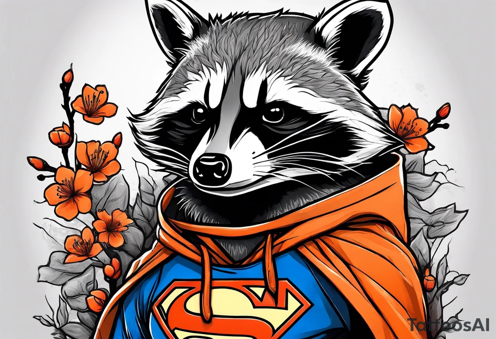 raccoon wearing a Superman hoodie with black and white logo and orange Japanese cherry blossoms tattoo idea