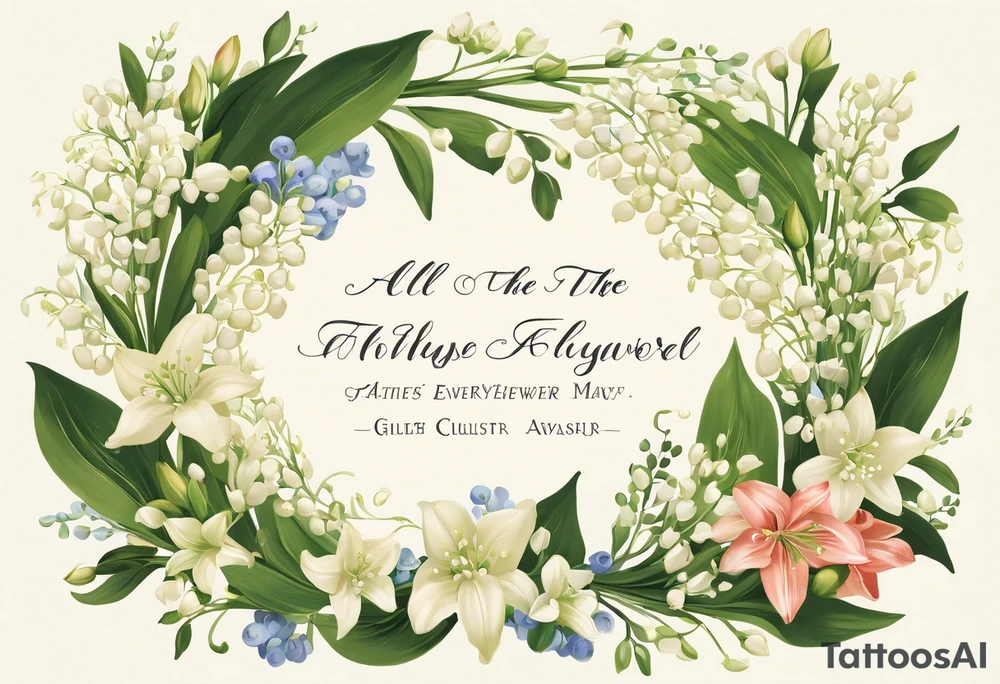 The words "All the things. Everywhere." elegantly written in a stylish script font, with intricate decorative elements like vines or leaves intertwining among the letters. Integrated or behind is a cluster of Lily of the Valley flowers representing May and Larkspur flowers or a small bouquet of Larkspur blooms to symbolize July. The Larkspur could be depicted in shades of blue, pink, or purple, showcasing the flower's symbolic meanings of positivity and lightness.

The overall design could be framed with subtle, flowing lines to enhance the natural and organic feel of the tattoo. tattoo idea