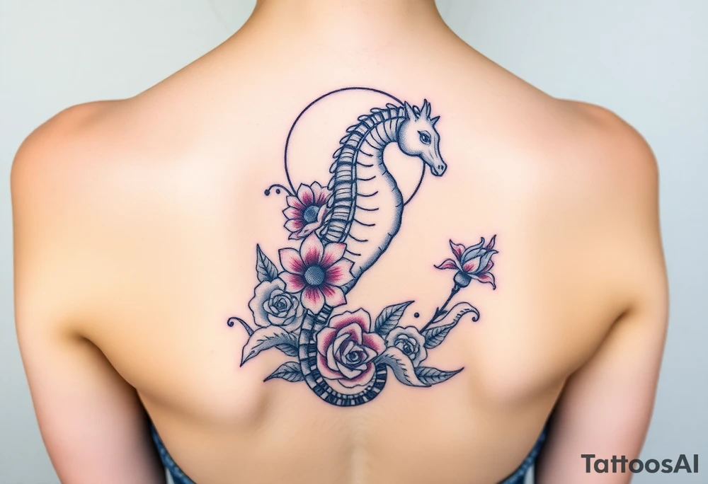 Sea horse flowers moon waves tattoo idea