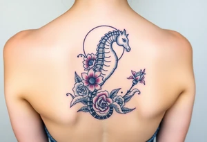 Sea horse flowers moon waves tattoo idea