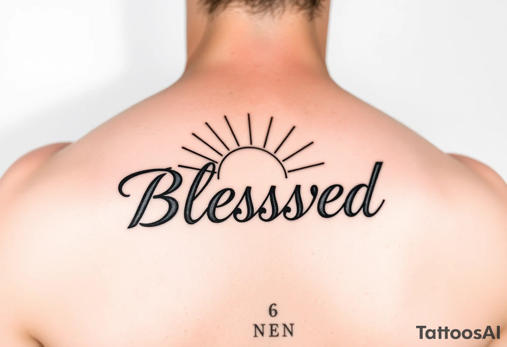 a forearm tattoo with the word blessed having rays of sunshine behind it tattoo idea