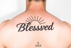 a forearm tattoo with the word blessed having rays of sunshine behind it tattoo idea