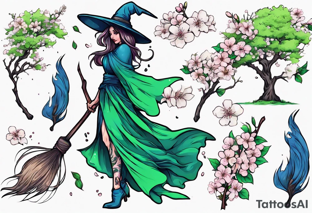 blue and green witch broom with cherry blossoms tattoo idea