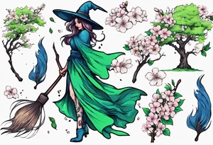 blue and green witch broom with cherry blossoms tattoo idea