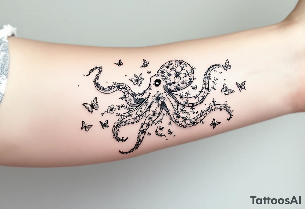 A fine-line tattoo design of a single octopus made entirely of flowers and butterflies. The octopus’s tentacles are shaped like flowing floral vines with leaves and petals, and its body is composed of overlapping blossoms and butterfly wings. The style is minimalist, elegant, and nature-inspired, with delicate black and grey lines, soft shading, and no outlines. No aquatic or marine elements besides the floral octopus. The design flows organically down the upper arm or shoulder, with a light, airy, and poetic feel. tattoo idea