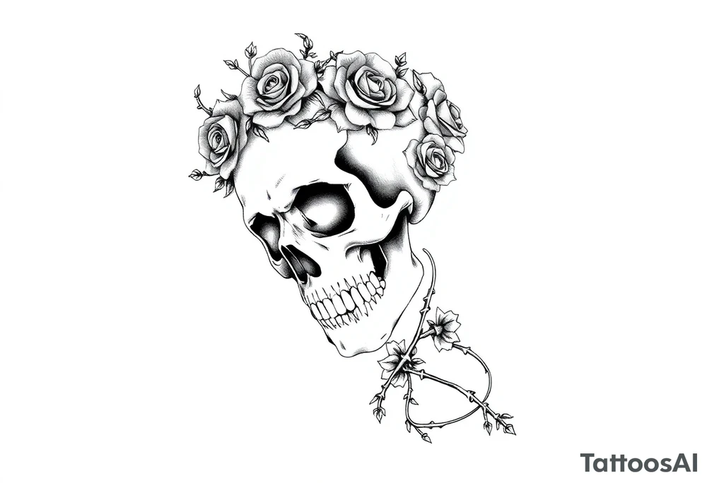 ornate skull adorned with crown of wild roses and thorns tattoo idea