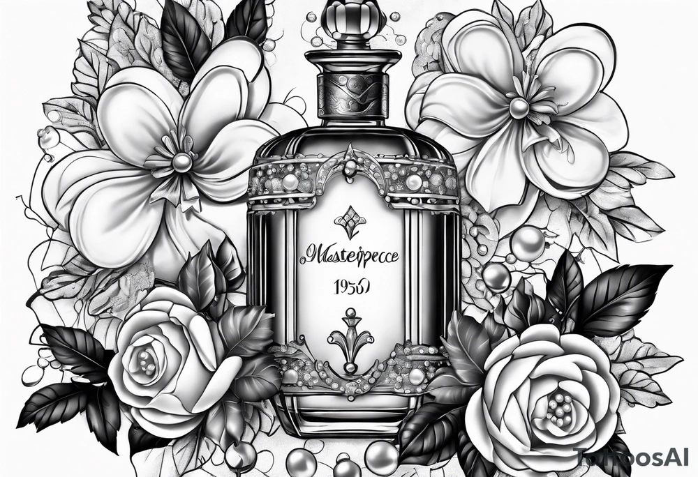 1950s perfume bottle with bows, pearls, lace, and flowers tattoo idea