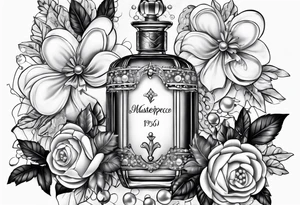 1950s perfume bottle with bows, pearls, lace, and flowers tattoo idea