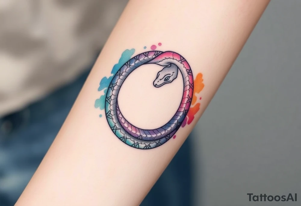 A watercolor Ouroboros snake forming cyrcle, blending seamlessly from soft pastels into deep jewel tones tattoo idea