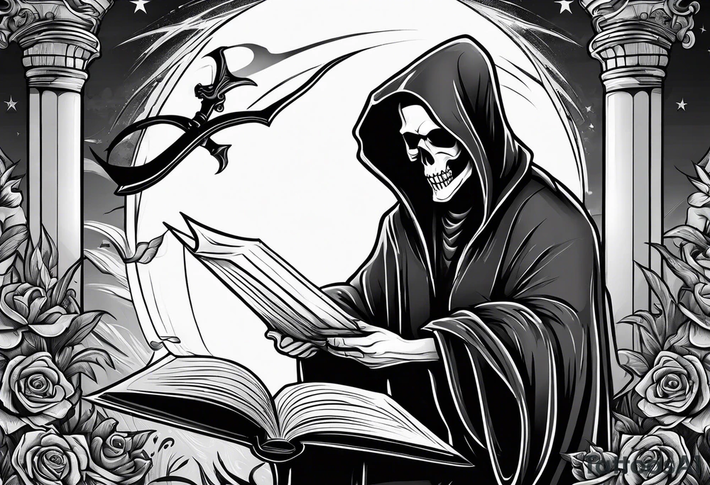 grim reaper reading books tattoo idea