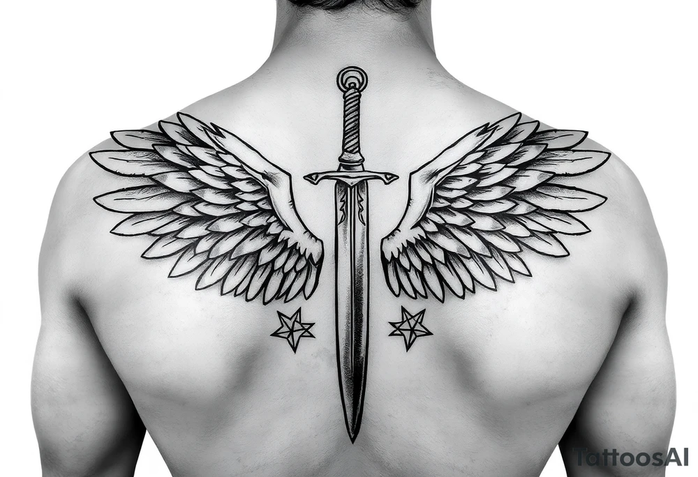 Wings wrapping up and around surrounding a sword and diamond shaped stars tattoo idea