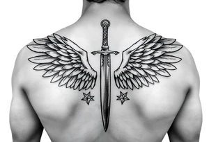Wings wrapping up and around surrounding a sword and diamond shaped stars tattoo idea