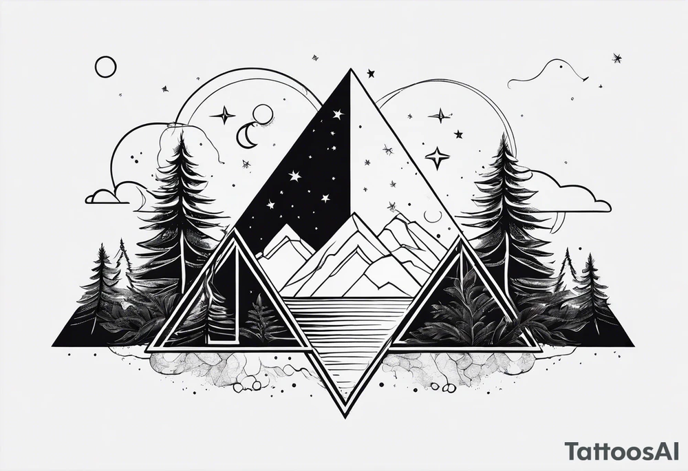 simple thick line art of space and nature in triangle shape tattoo idea